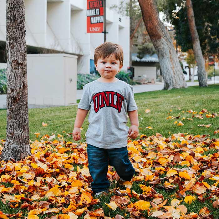 Nevada ECAC Learn About Us Home Page Young boy standing in a pile of autumn leaves